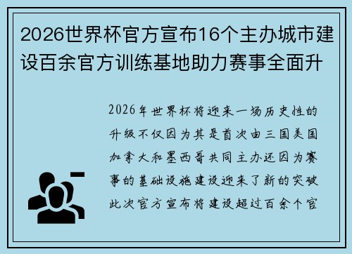2026世界杯官方宣布16个主办城市建设百余官方训练基地助力赛事全面升级 ⚽ 2026世界杯官方宣布16个主办城市建设百余官方训练基地助力赛事全面升级 ⚽