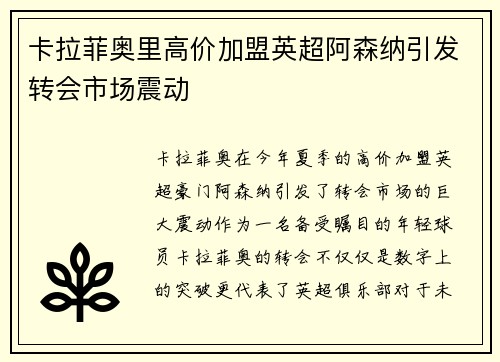 卡拉菲奥里高价加盟英超阿森纳引发转会市场震动