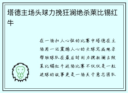 塔德主场头球力挽狂澜绝杀莱比锡红牛 塔德主场头球力挽狂澜绝杀莱比锡红牛