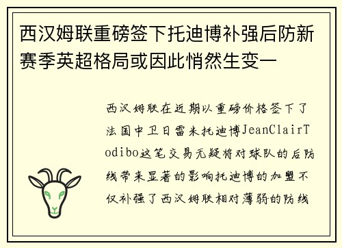 西汉姆联重磅签下托迪博补强后防新赛季英超格局或因此悄然生变一 西汉姆联重磅签下托迪博补强后防新赛季英超格局或因此悄然生变一